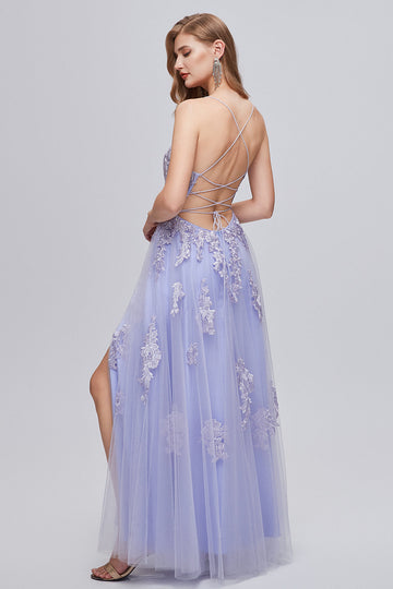 Lavender Spaghetti Straps Appliques Long Ball Dress with Slit